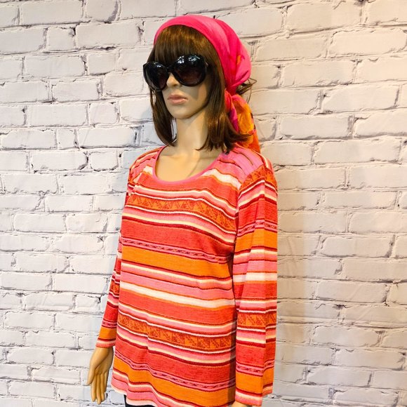 LAUREN by RALPH LAUREN, Pink and orange striped pullover sweater, size: XL - Picture 10 of 12